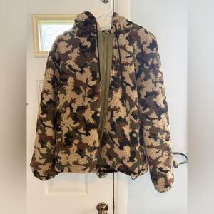 Camouflage Faux Shearling Jacket in Tan, Green, Brown